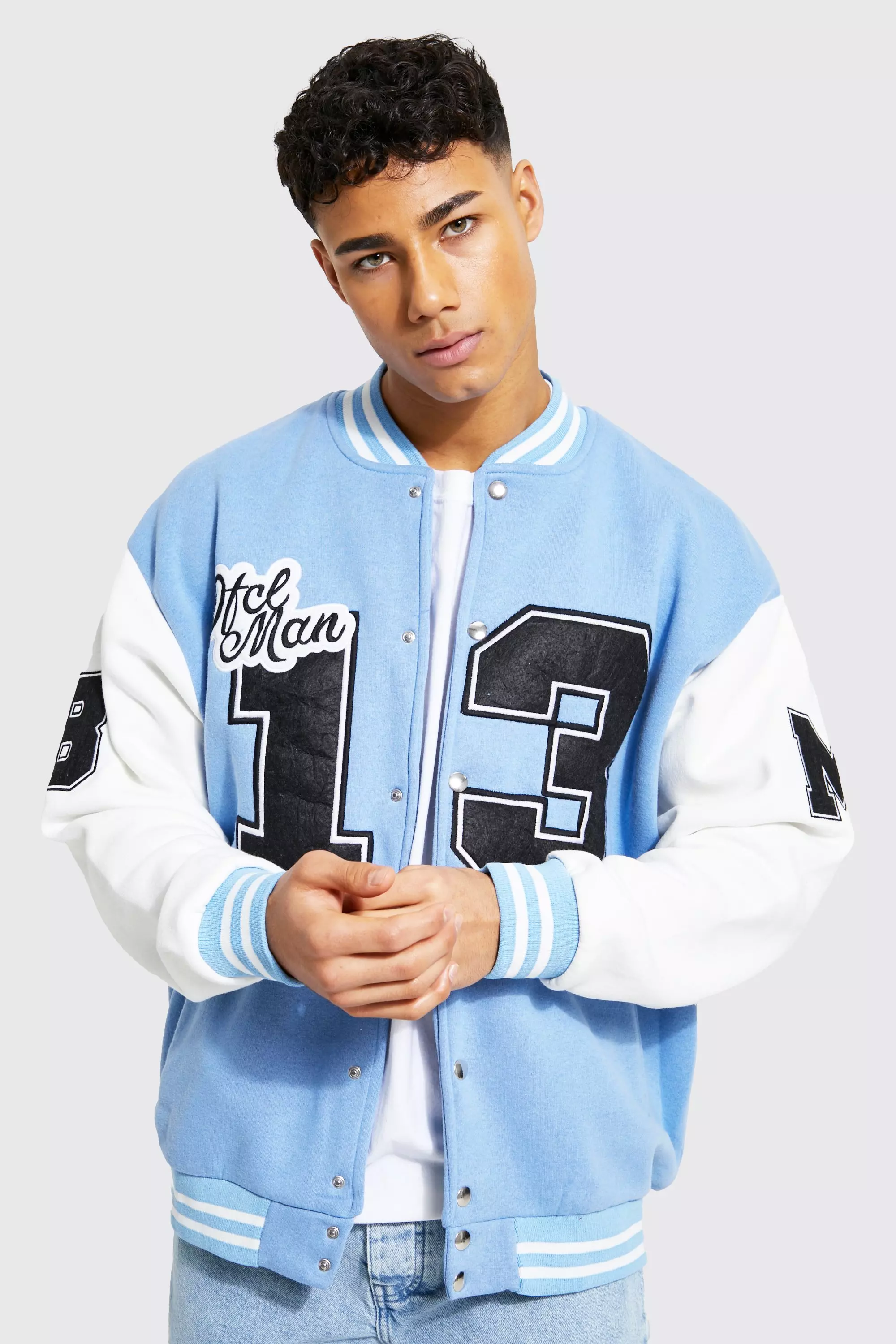 boohooman blue varsity jacket